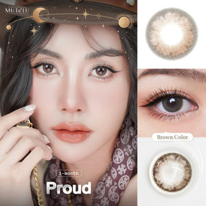 Advertisement for Proud brown contact lenses with a model wearing them, close-up of lenses, and brand name.