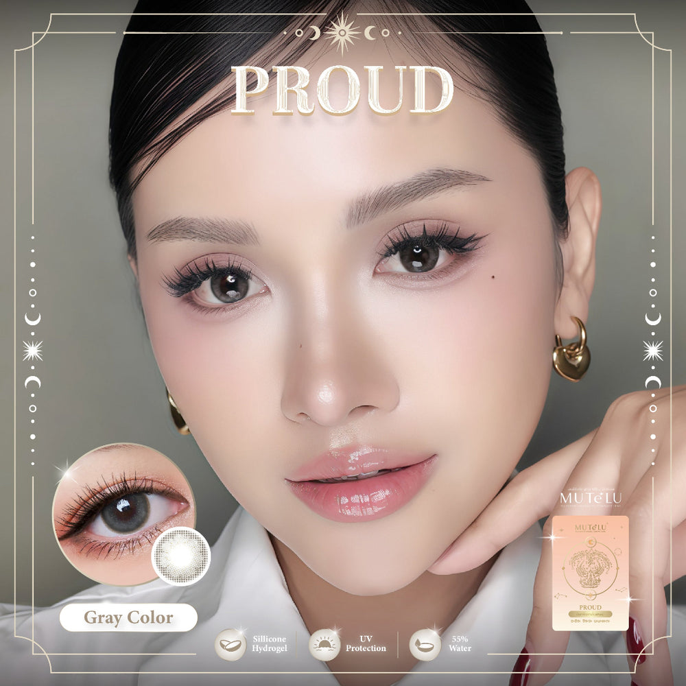 Advertisement for eye makeup with a close-up of an eye and product packaging, featuring the brand 'PROUD' Gray Lenses.