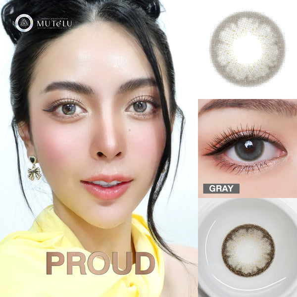 Person wearing gray contact lenses with close-up of lenses and brand name 'MUTELU' Proud Gray.