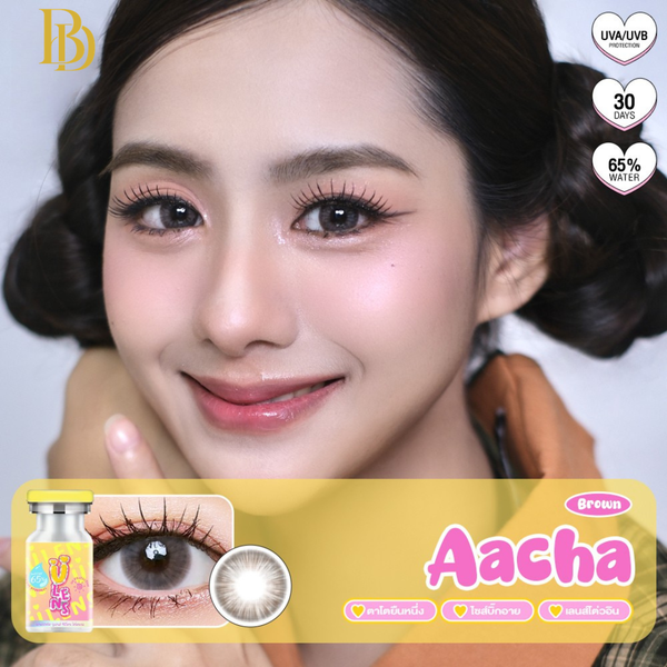 Advertisement for Aacha contact lenses with a model wearing them, featuring product packaging and contact lens close-up.