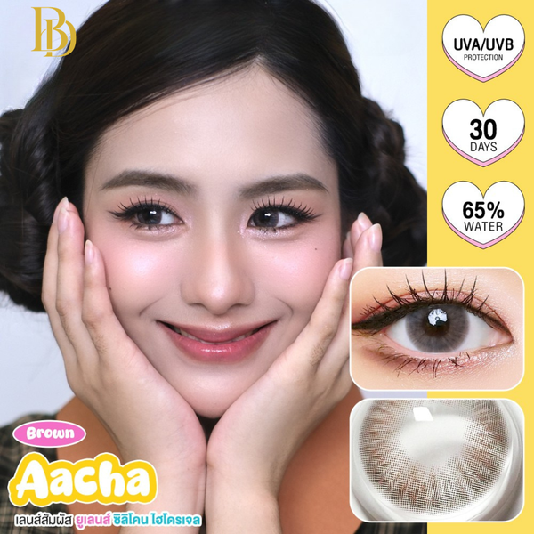 Advertisement for Aacha contact lenses showing a woman's face with contact lenses inset.