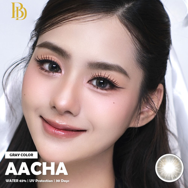 Close-up of a person with Aacha gray contact lenses on a white background