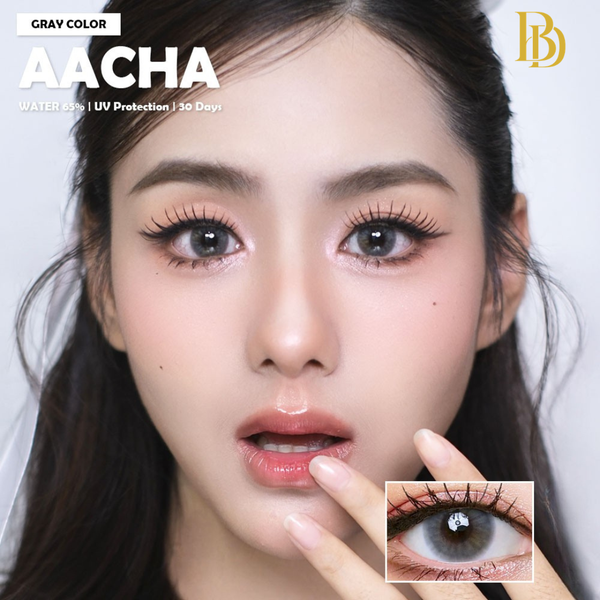 Woman with gray contact lenses and AACHA branding on a white background