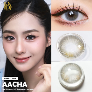 Collage of a woman wearing gray contact lenses, close-up of her eye, and the contact lenses themselves.