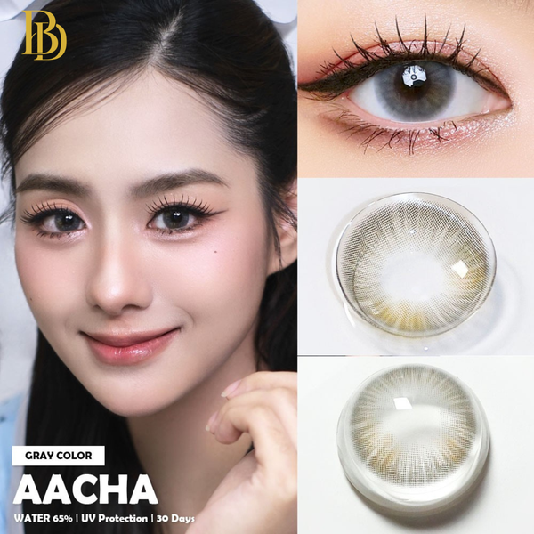 Collage of a woman wearing gray contact lenses, close-up of her eye, and the contact lenses themselves.