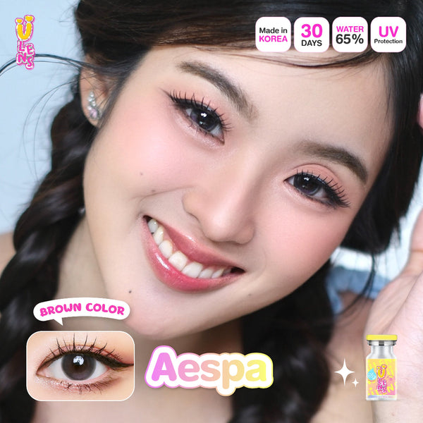 Advertisement for Aespa contact lenses with a model wearing them, showing product details and branding.