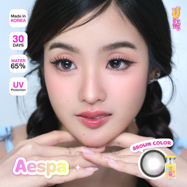 Advertisement for Aespa contact lenses with a model wearing them, showing product details.