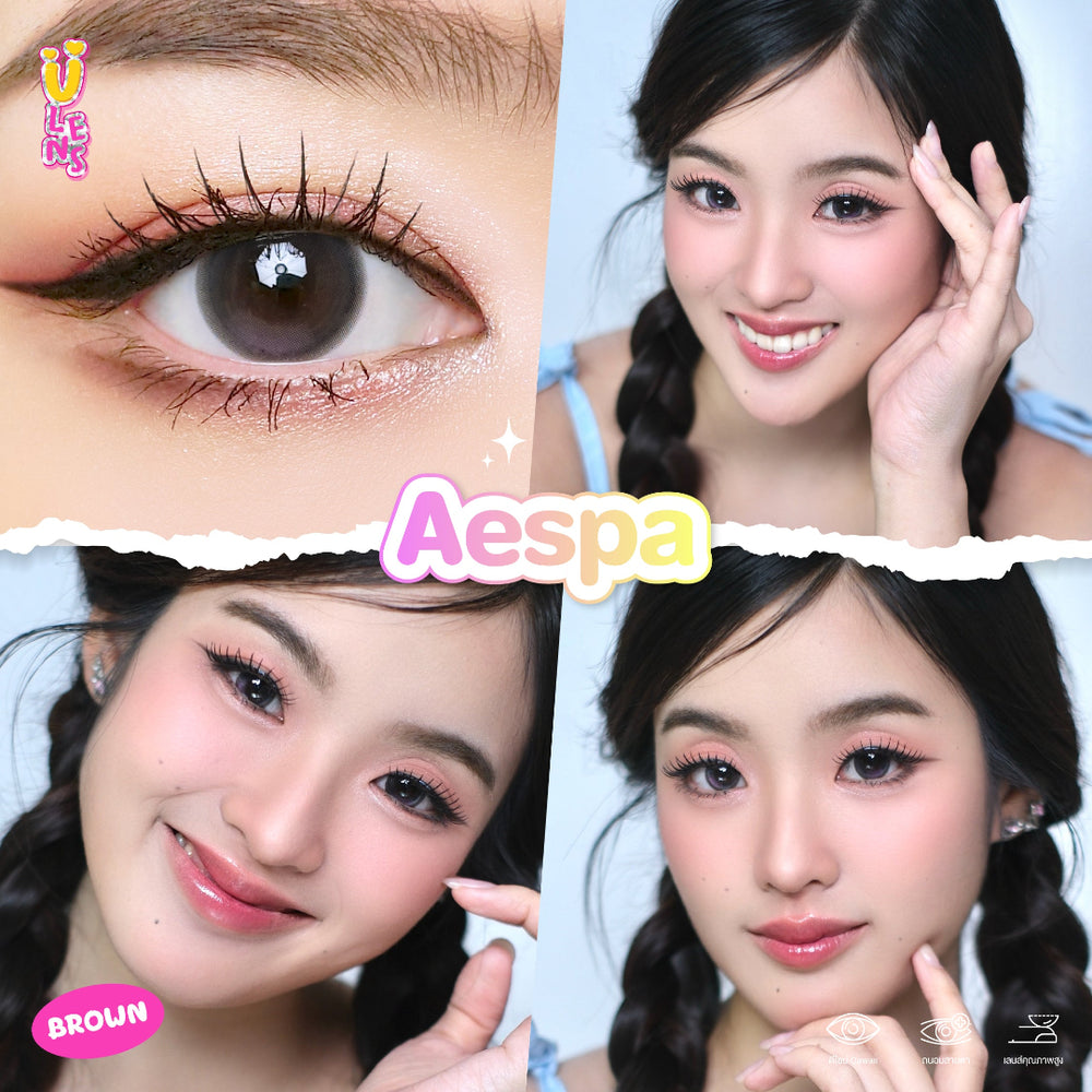 Advertisement for Aespa contact lenses with a model wearing them, showing product details.