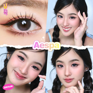 Collage of a woman with makeup and 'Aespa' branding, featuring close-up of eye and different angles.