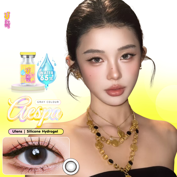 Woman wearing a gold necklace with a close-up of an eye and product packaging on a yellow background