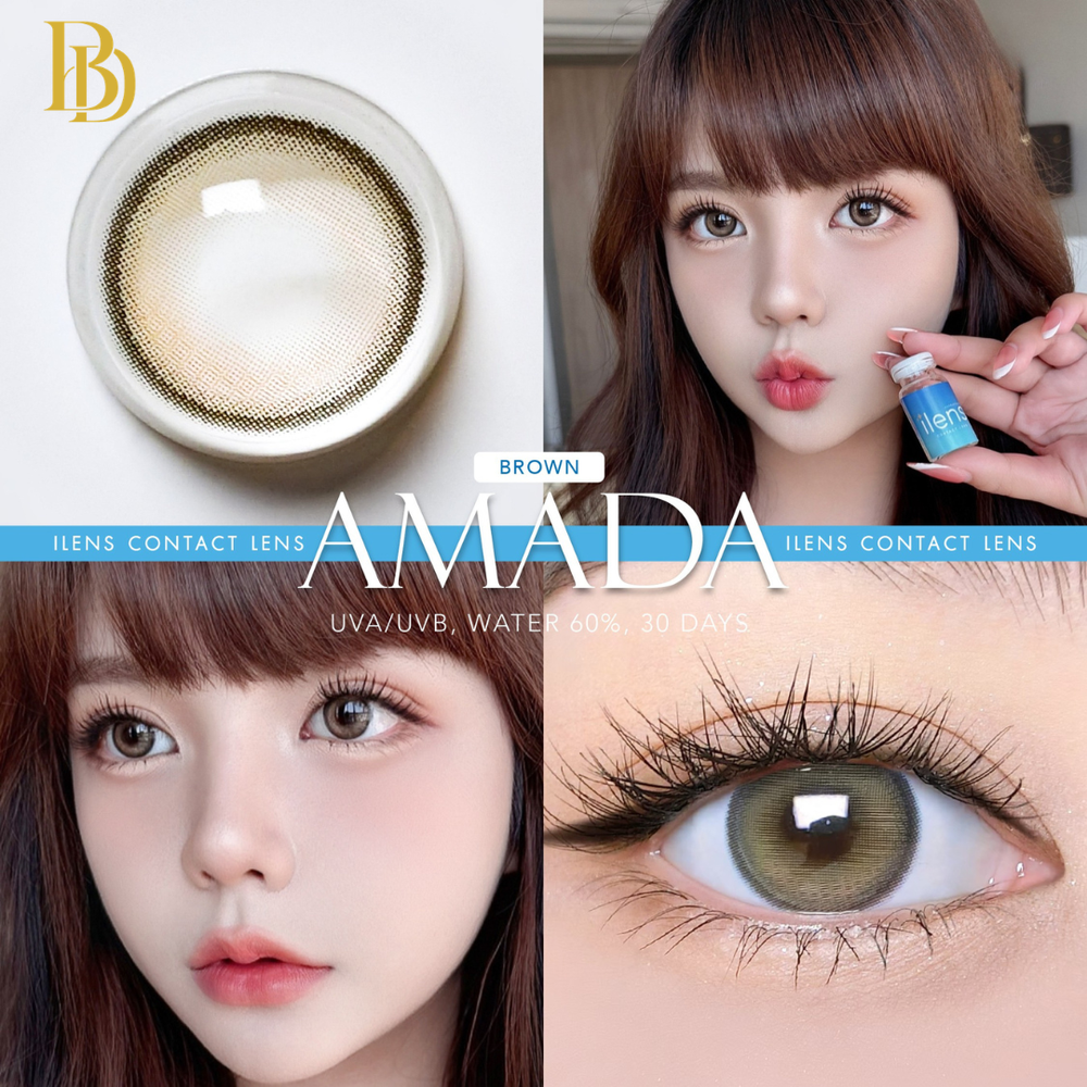 Close-up of a person with brown hair and eyes, featuring AMADA contact lenses packaging.