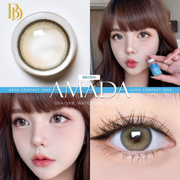 Amada contact lens packaging with a close-up of a brown lens, a woman holding the product, and a close-up of an eye wearing the lenses.