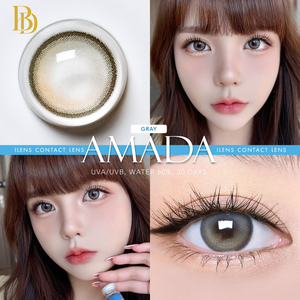 Amada contact lens packaging with close-up of lens, eyes wearing the lenses, and a model wearing the lenses.