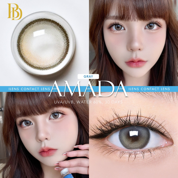 Amada contact lens packaging with close-up of lens, eyes wearing the lenses, and a model wearing the lenses.
