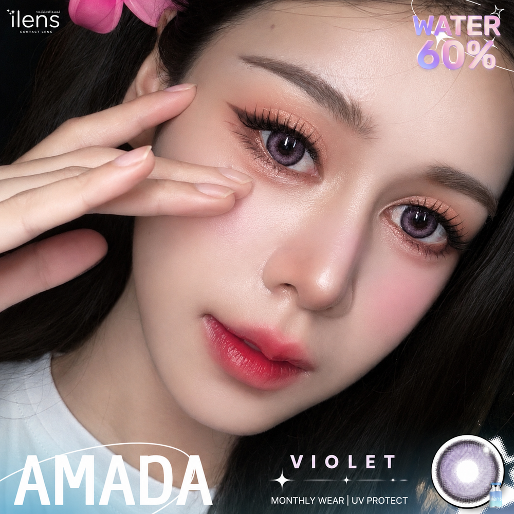 Close-up of a person wearing purple contact lenses with AMADA branding and product details.