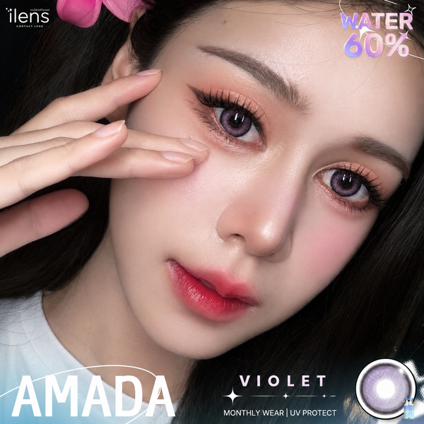 Close-up of a person wearing contact lenses with product branding and text.