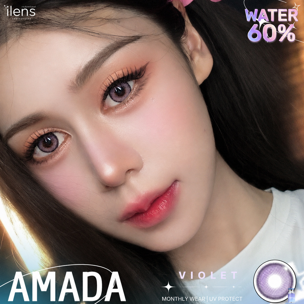Close-up of a person wearing purple contact lenses with AMADA branding and product details.