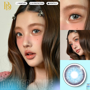 Collage of a woman with amber blue contact lenses, close-ups of eyes, and product packaging.