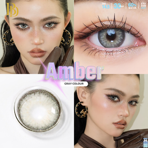 Advertisement for amber gray contact lenses with model wearing them and close-up of lens.