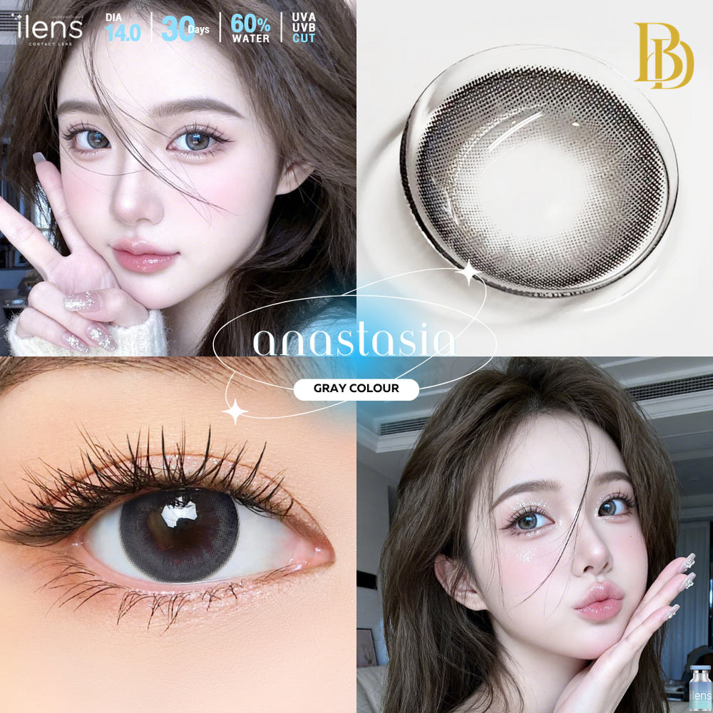 Advertisement for Anastasia Gray contact lenses with a model posing thoughtfully.