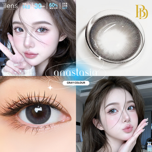 Collage of Anastasia Gray contact lens packaging, close-up of the lens, an eye wearing the lens, and a model wearing the lenses.