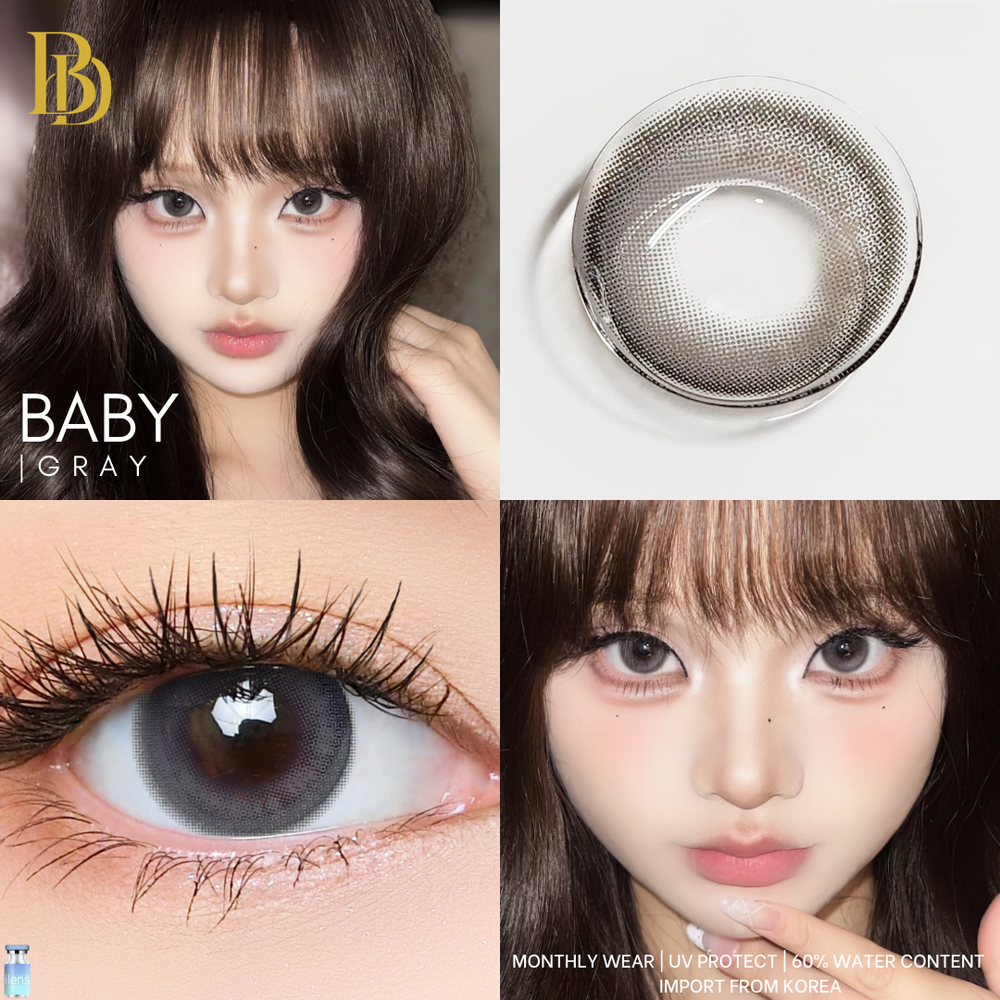 Woman wearing pearl earrings with ilens contact lenses and solution inset, labeled 'Baby Gray'.