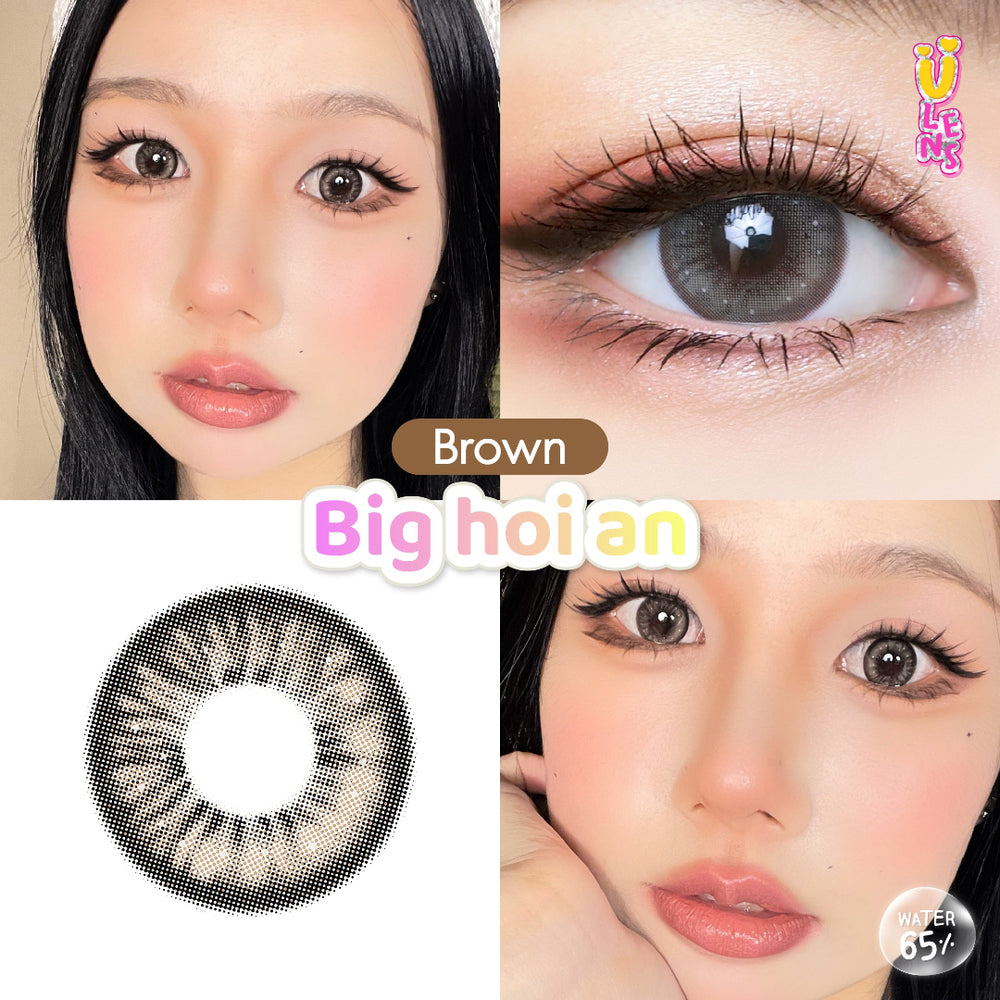 Close-up of a person with decorative hair and a heart-shaped inset showing contact lenses, with 'Hoi An Brown' text and product packaging.