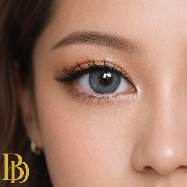 Close-up of a person's eye with a visible logo in the corner