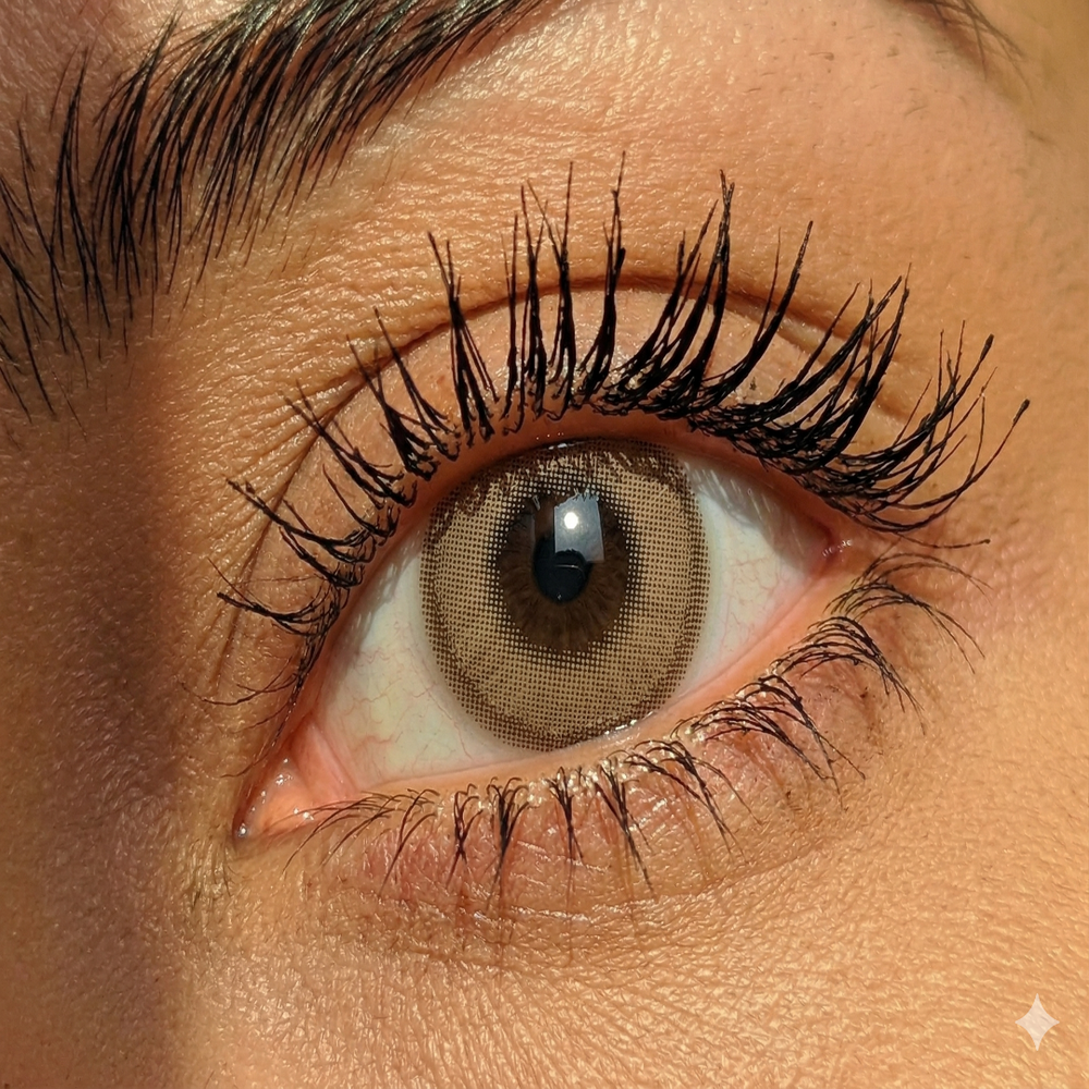 Advertisement for Brown color contact lenses with a close-up of eyes and product packaging.