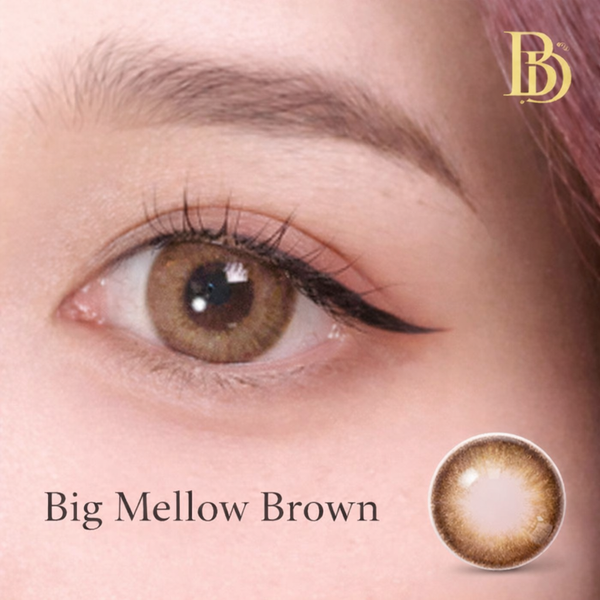 Close-up of an eye wearing brown contact lenses with a small inset showing the lens color.