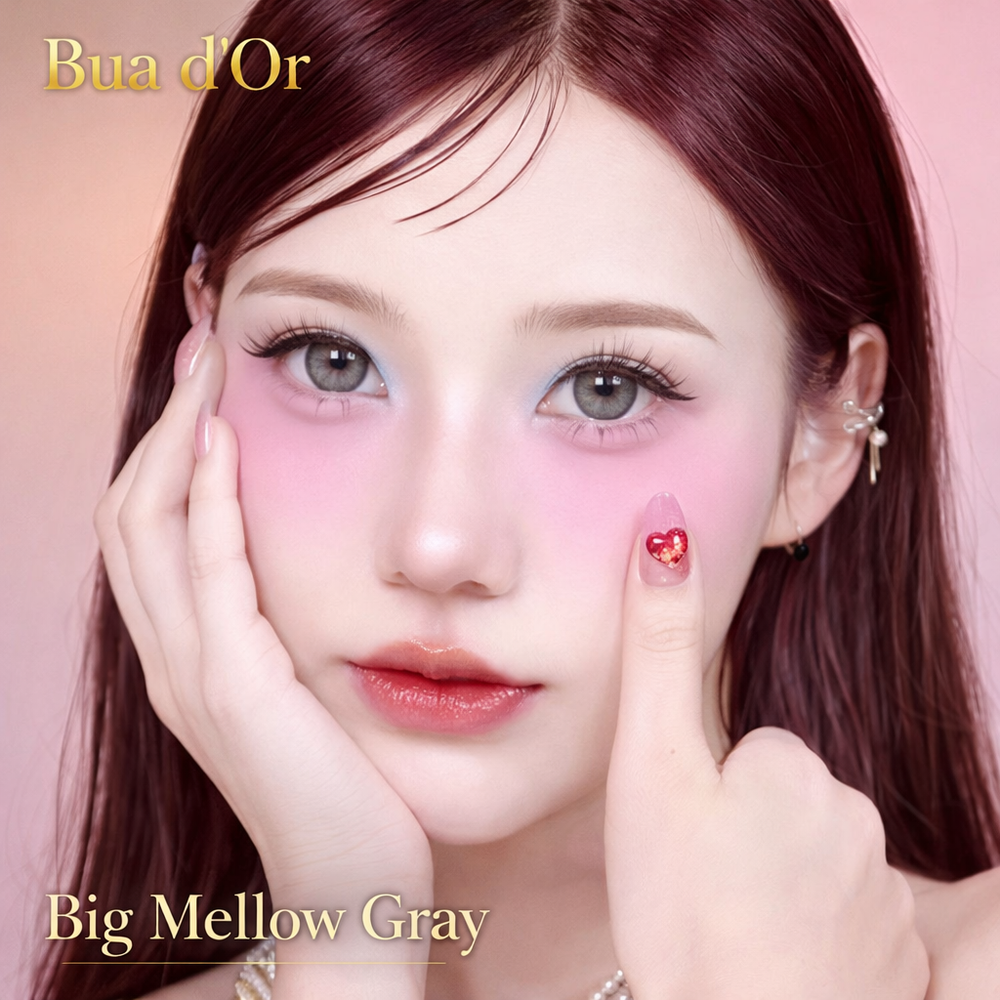 Model with makeup and 'Bua d'Or' branding on a pink background