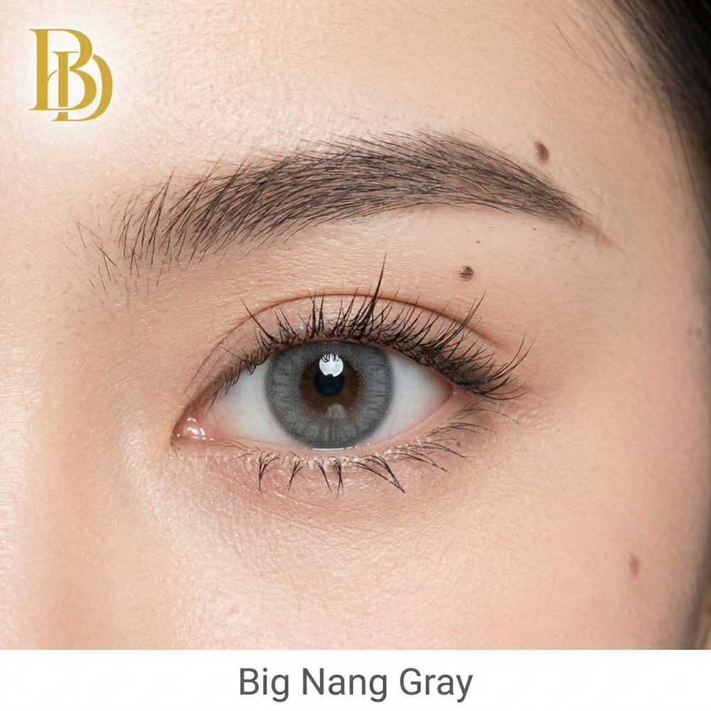 Close-up of a person with dark hair and gray eyes, wearing pink lipstick, with 'Big Nang Gray' text and a logo in the corner.