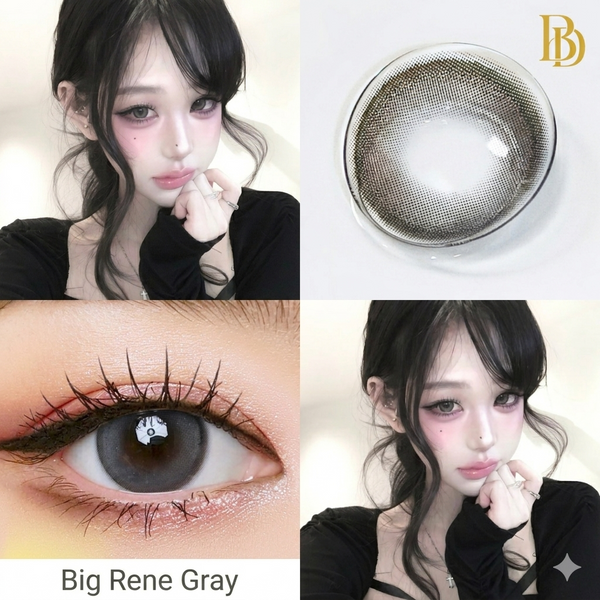 Collage of a person wearing gray contact lenses with close-up shots and brand logo.