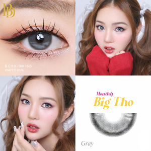 Collage of contact lens close-up and model wearing gray contact lenses with 'Monthly BigTho' branding.