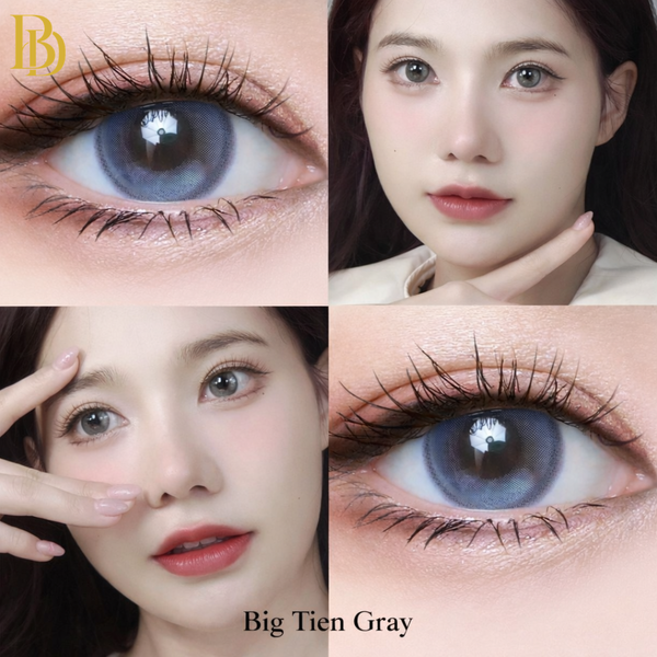 Collage of a woman's face and eyes wearing blue contact lenses with 'Big Tien Gray' label.