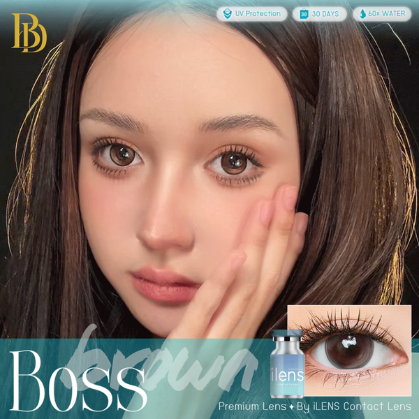 Advertisement for ILENS Boss Brown contact lenses with a model wearing brown lenses, product packaging, and a close-up of an eye.