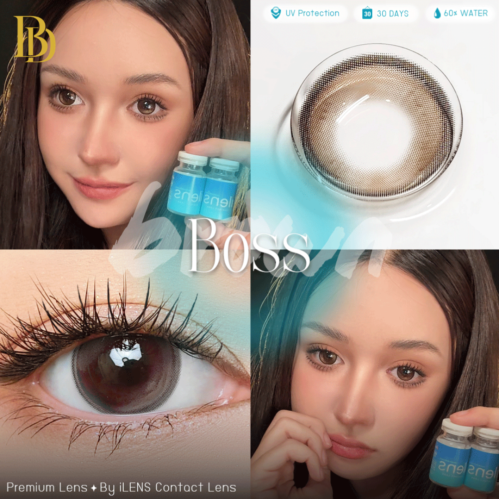 Advertisement for Boss Brown contact lenses with a model wearing a red cap and contact lens packaging.