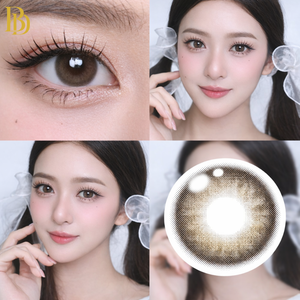 Collage of a woman's face with close-up of eyes, contact lens, and product packaging.