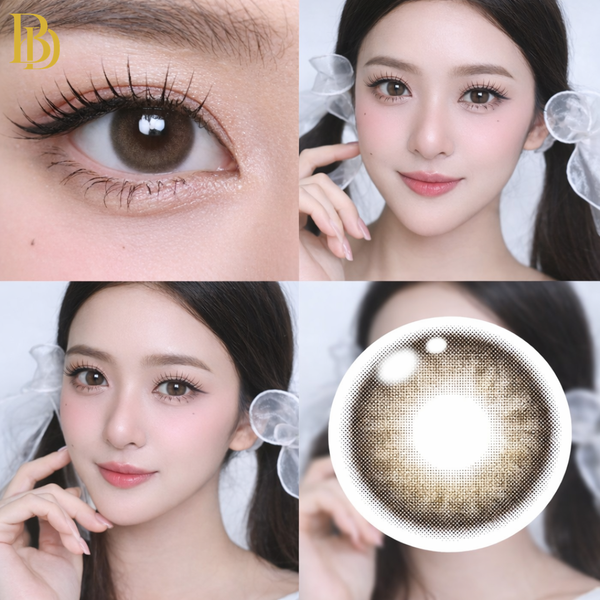 Collage of a woman's face with close-up of eyes, contact lens, and product packaging.