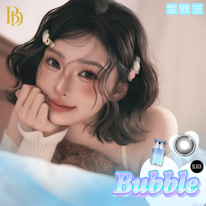 Woman with styled hair and a product labeled 'Bubble Black' in the foreground