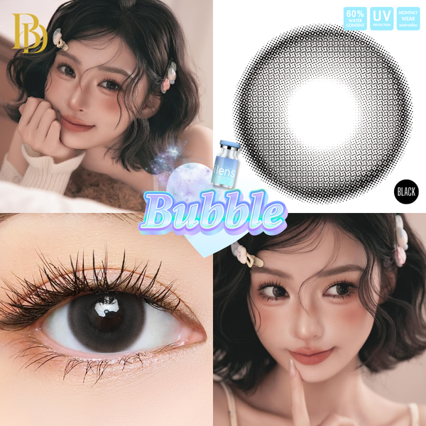 Collage of a woman with Bubble Black contact lenses, a bottle, and a close-up of an eye wearing the lenses.