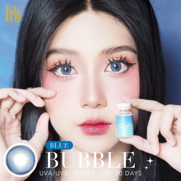 Person holding a contact lens container labeled 'Blue Bubble' with close-up of contact lenses.
