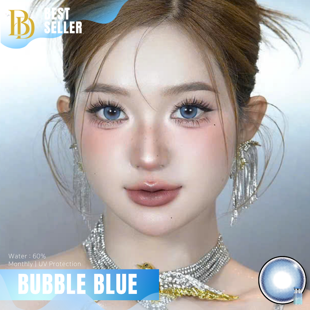 Close-up of a person wearing jewelry with 'Bubble Blue Contact Lenses' text and 'Best Seller' label.