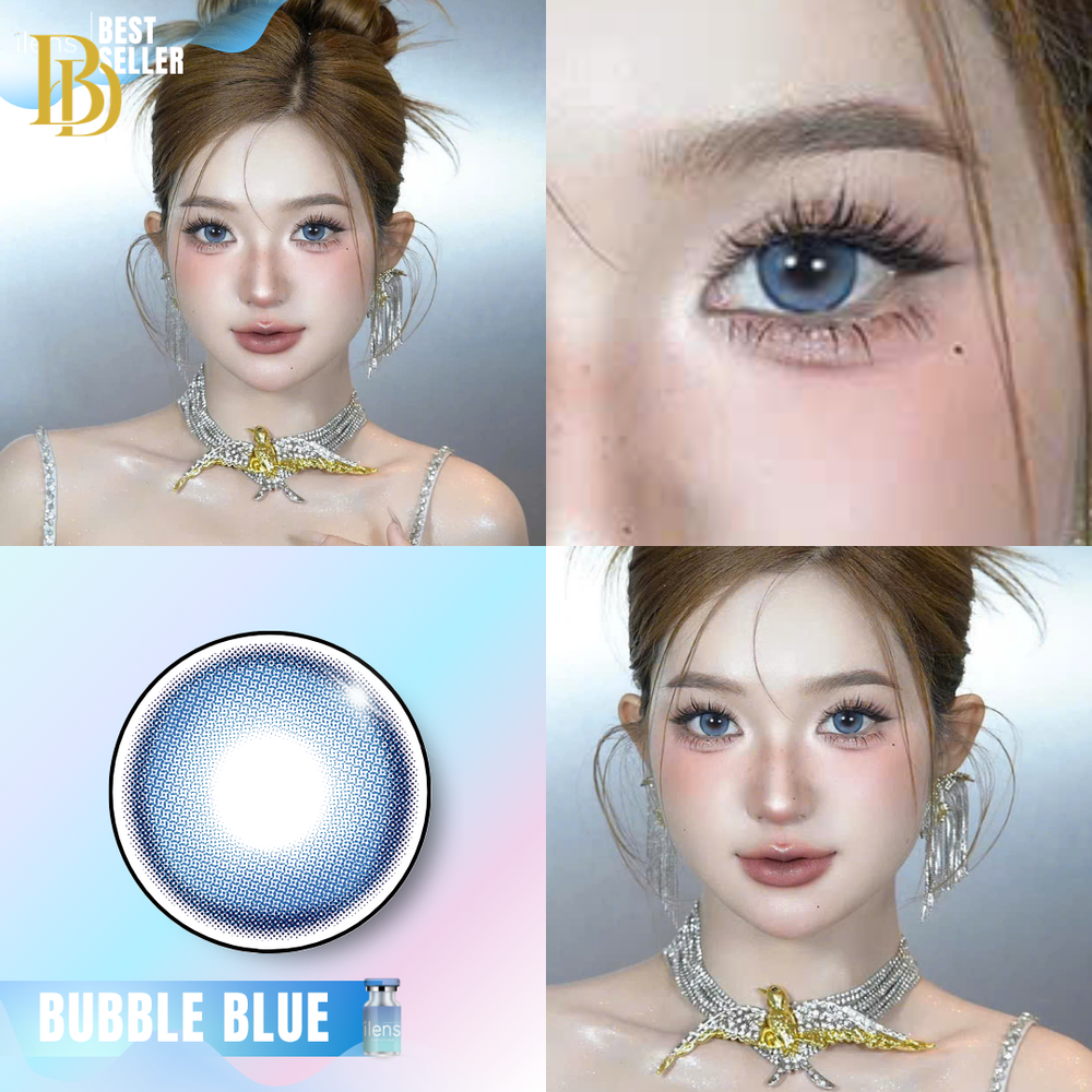 Close-up of a person wearing jewelry with 'Bubble Blue Contact Lenses' text and 'Best Seller' label.