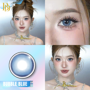 Collage of a woman wearing bubble blue contact lenses with close-up shots and product packaging.