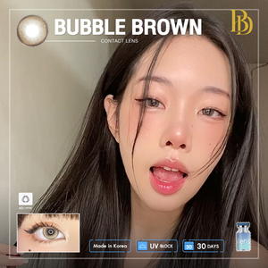 Advertisement for Bubble Brown contact lenses with a model wearing them.