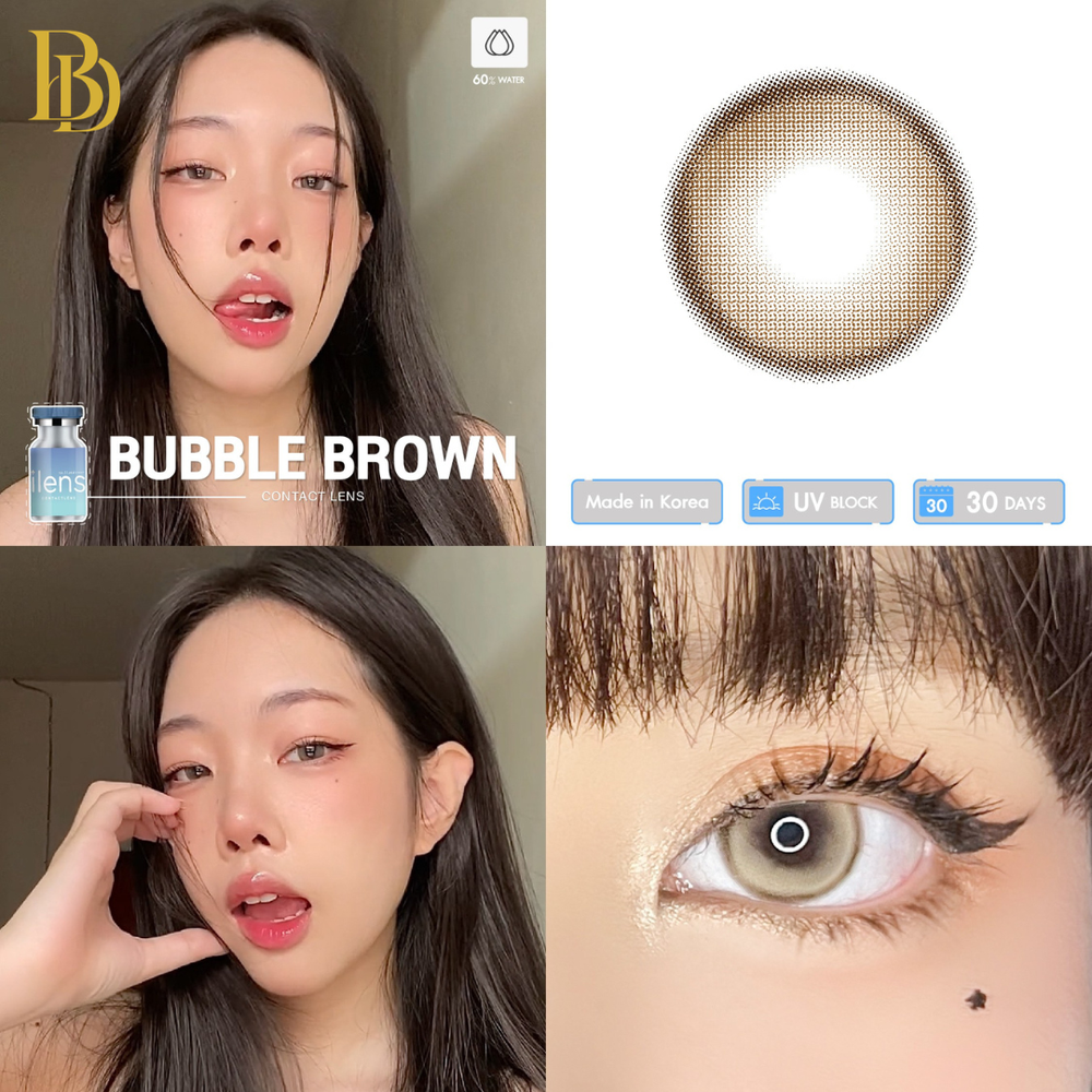Woman with bubble brown contact lenses displayed on a close-up of her eye.