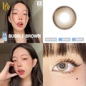 Collage of a woman wearing bubble brown contact lenses with close-up of the lens and product packaging.