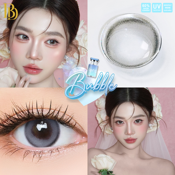 Four-panel collage promoting contact lenses: a close-up of a woman's face, a white close-up of a clear contact lens, an extreme close-up of an eye with dark iris and long lashes, and another woman's face wearing a bridal veil and rose. A small vial and blue 'Bubble' graphic appear in the center, with '1B' and '80% UV' badges in the corners.