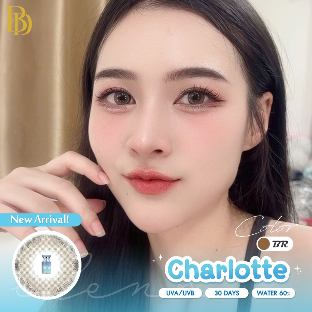 A close-up beauty shot of a woman wearing contact lenses, with promotional text overlays reading 'New Arrival!', 'Color Charlotte', 'UVA/UVB', '30 DAYS', and 'WATER 60%'. A small inset shows the packaged contact lens product.